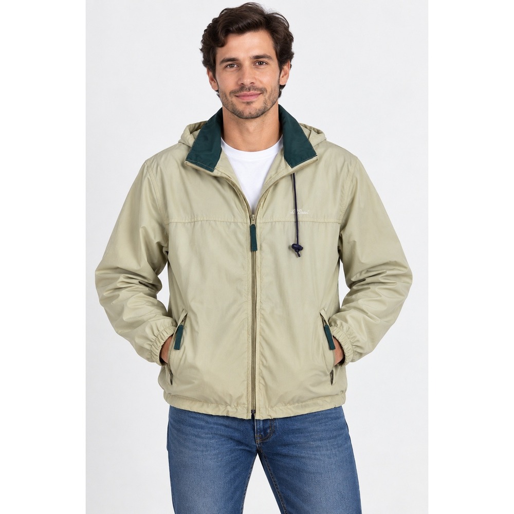 Vintage LL Bean Mens S Windbreaker Jacket Tan Green Hooded Full Zip 90s